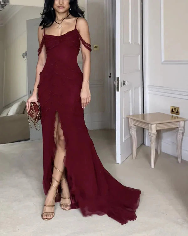 Pretty Mermaid Off The Shoulder Burgundy Slit Long Prom Dress Secondary image
