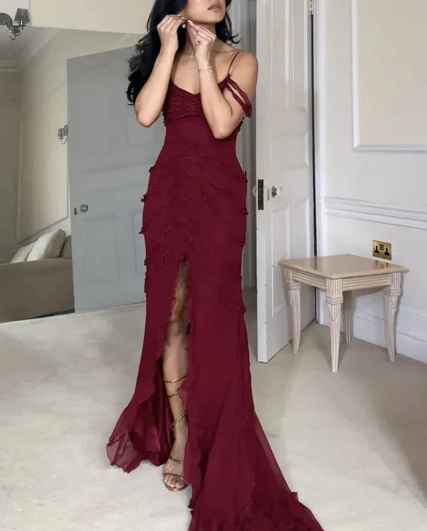 Pretty Mermaid Off The Shoulder Burgundy Slit Long Prom Dress