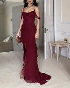 Pretty Mermaid Off The Shoulder Burgundy Slit Long Prom Dress