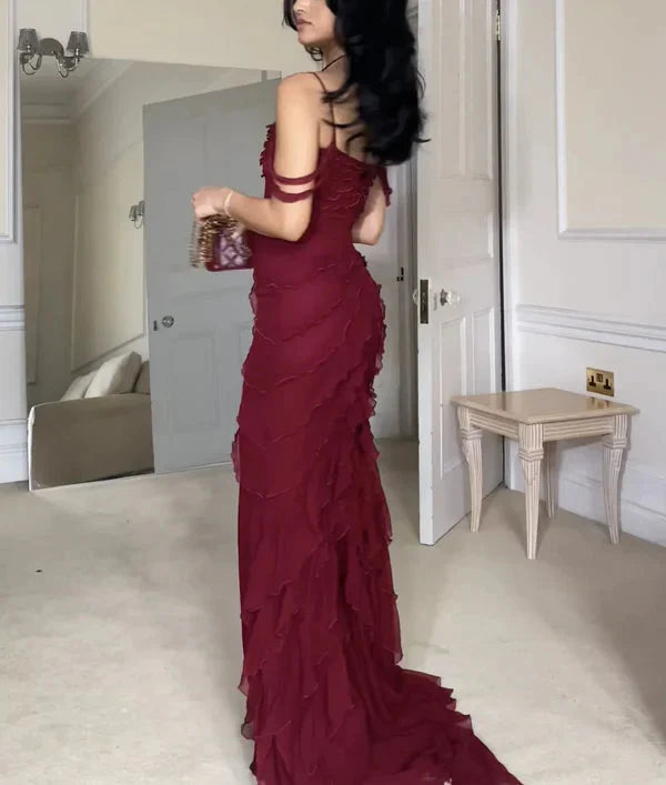Pretty Mermaid Off The Shoulder Burgundy Slit Long Prom Dress