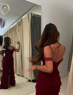 Pretty Mermaid Off The Shoulder Burgundy Slit Long Prom Dress