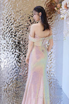 Pretty Mermaid Off The Shoulder Pink Sequin Long Evening Dresses Prom Dresses