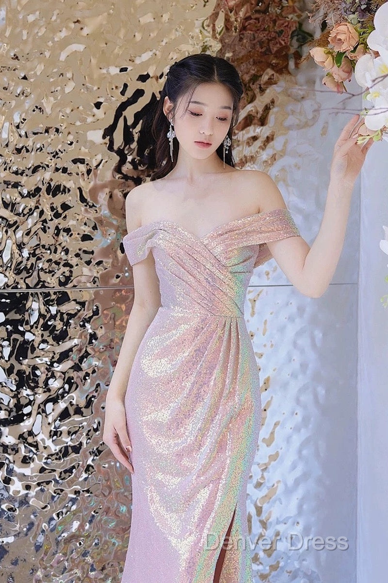 Pretty Mermaid Off The Shoulder Pink Sequin Long Evening Dresses Prom Dresses