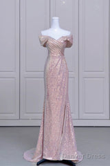 Pretty Mermaid Off The Shoulder Pink Sequin Long Evening Dress Prom Dresses