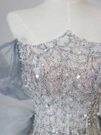 Pretty Mermaid Off The Shoulder Sequin Blue Long Prom Dresses Evening Gowns