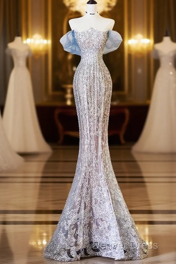 Pretty Mermaid Off The Shoulder Sequin Blue Long Prom Dresses Evening Gowns Main image