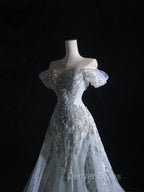 Pretty Mermaid Off The Shoulder Silver Beads Long Prom Dresses Formal Evening Dresses