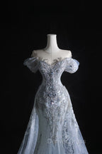 Pretty Mermaid Off The Shoulder Silver Beads Long Prom Dresses Formal Evening Dresses