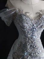 Pretty Mermaid Off The Shoulder Silver Beads Long Prom Dresses Formal Evening Dresses