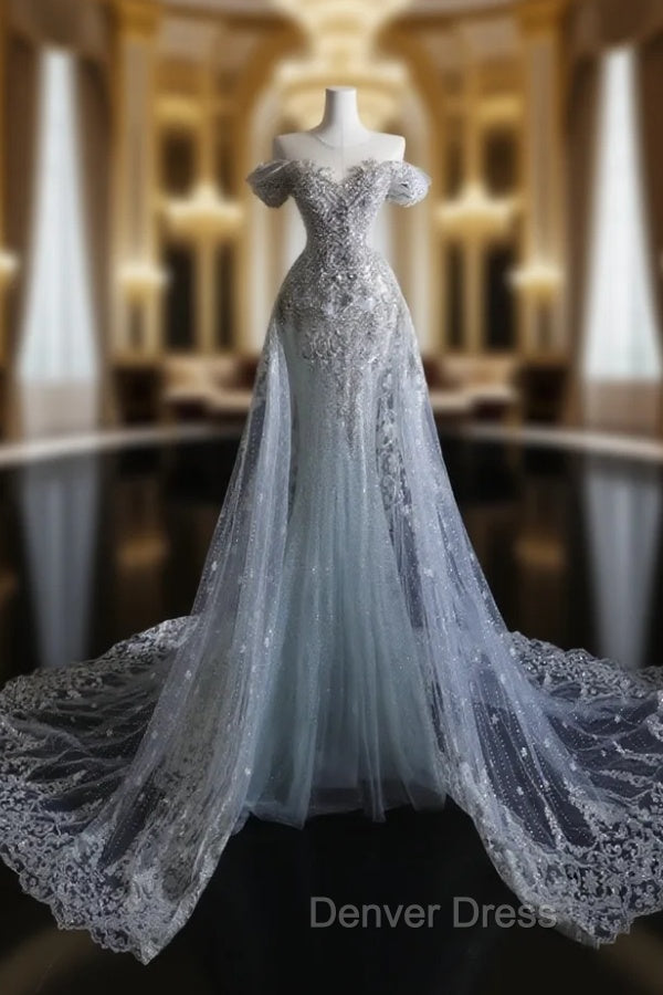 Pretty Mermaid Off The Shoulder Silver Beads Long Prom Dresses Formal Evening Dresses Main image