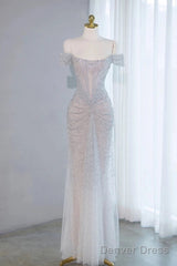 Pretty Mermaid Off The Shoulder Silver Sequin Evening Dress Prom Dresses