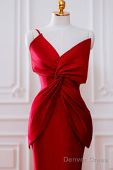Pretty Mermaid One Shoulder Red Satin Long Evening Dress Prom Dresses