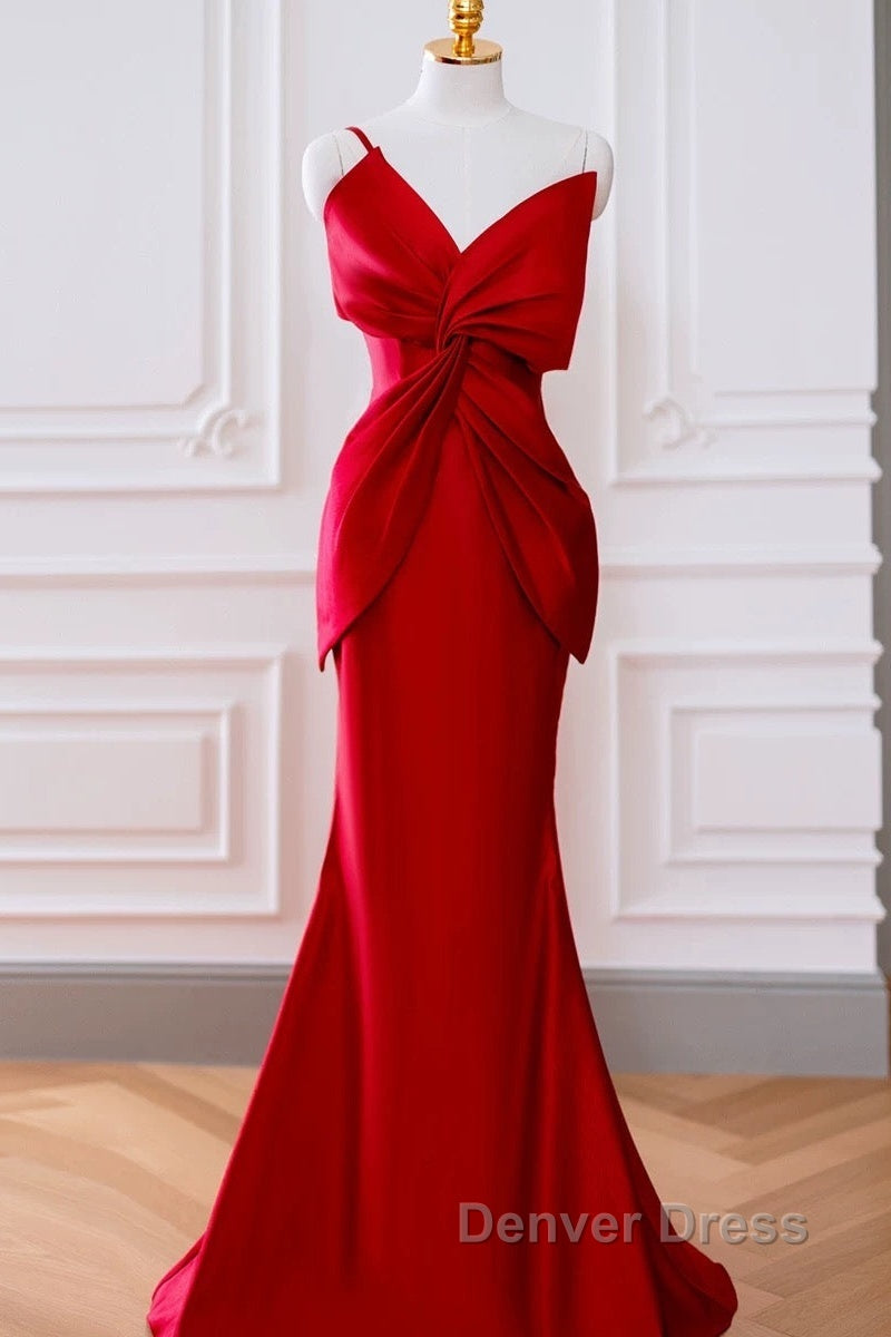 Pretty Mermaid One Shoulder Red Satin Long Evening Dresses Prom Dresses