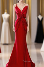 Pretty Mermaid One Shoulder Red Satin Long Evening Dresses Prom Dresses