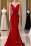 Pretty Mermaid One Shoulder Red Satin Long Evening Dresses Prom Dresses