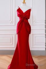 Pretty Mermaid One Shoulder Red Satin Long Evening Dress Prom Dresses
