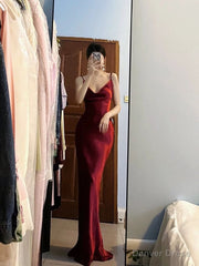 Pretty Mermaid Spaghetti Straps Burgundy Satin Long Floor Length Prom Dresses