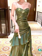 Pretty Mermaid Spaghetti Straps Olive Green Long Prom Dresses Prom Gown