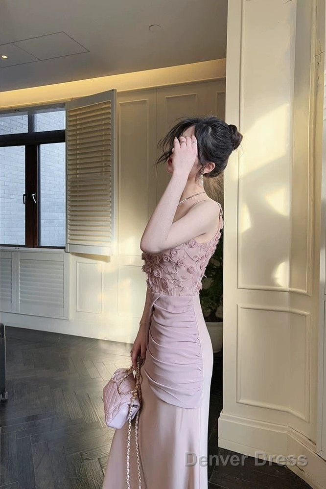 Pretty Mermaid Spaghetti Straps Pink Long Evening Dress Prom Dresses