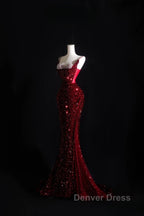 Pretty Mermaid Spaghetti Straps Sequin Beads Burgundy Long Prom Dresses Formal Evening Dresses