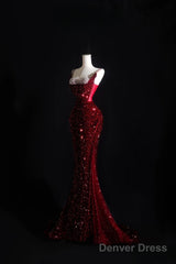 Pretty Mermaid Spaghetti Straps Sequin Beads Burgundy Long Prom Dresses Formal Evening Dress