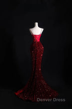Pretty Mermaid Spaghetti Straps Sequin Beads Burgundy Long Prom Dresses Formal Evening Dresses