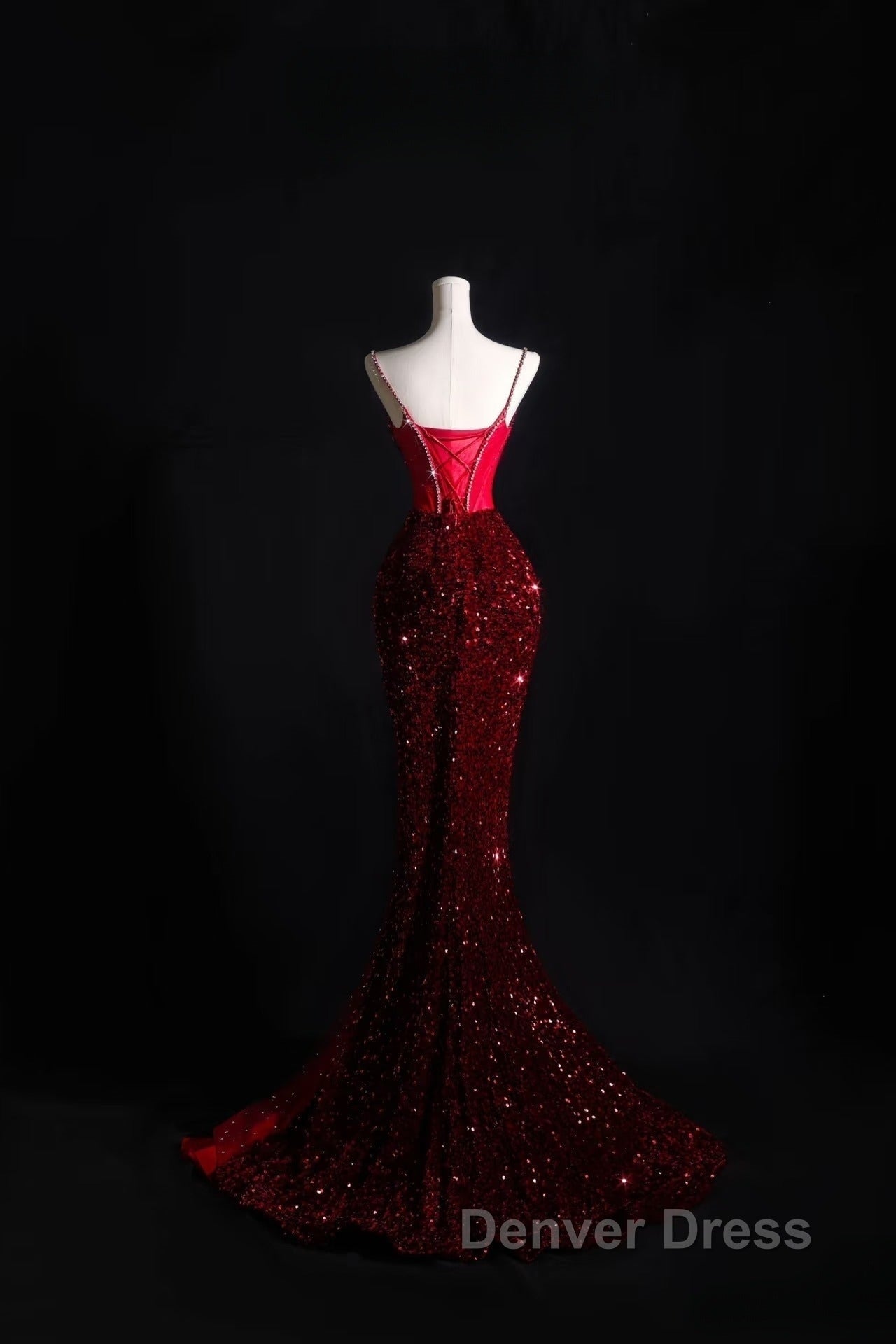 Pretty Mermaid Spaghetti Straps Sequin Beads Burgundy Long Prom Dresses Formal Evening Dresses