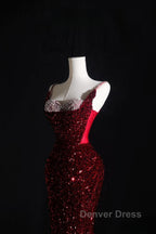 Pretty Mermaid Spaghetti Straps Sequin Beads Burgundy Long Prom Dresses Formal Evening Dresses