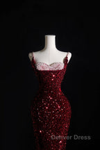Pretty Mermaid Spaghetti Straps Sequin Beads Burgundy Long Prom Dresses Formal Evening Dresses