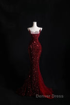 Pretty Mermaid Spaghetti Straps Sequin Beads Burgundy Long Prom Dresses Formal Evening Dresses