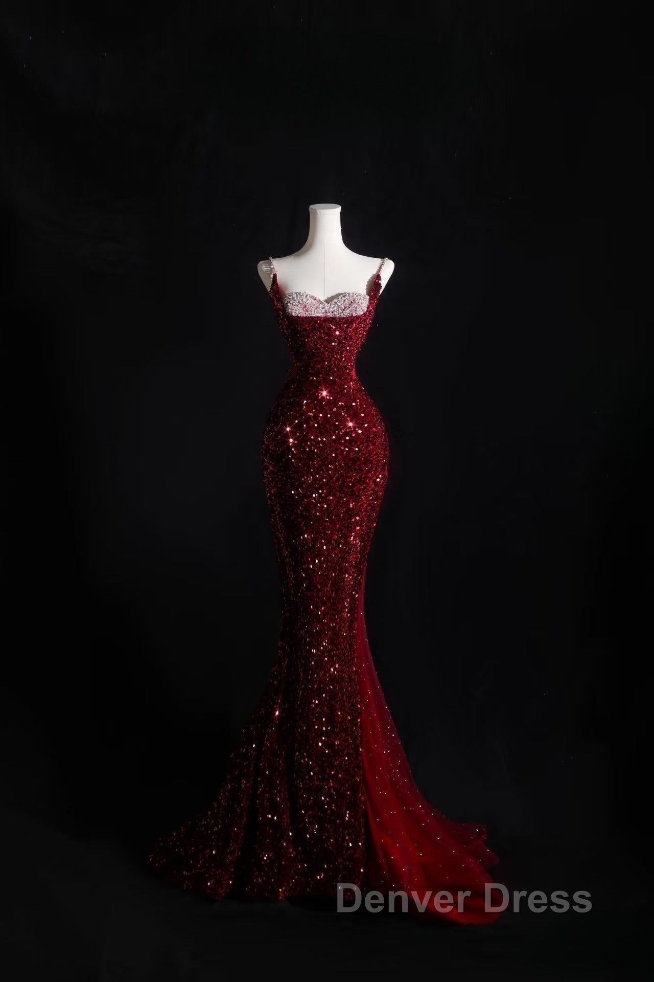 Pretty Mermaid Spaghetti Straps Sequin Beads Burgundy Long Prom Dress