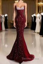 Pretty Mermaid Spaghetti Straps Sequin Beads Burgundy Long Prom Dresses Formal Evening Dresses