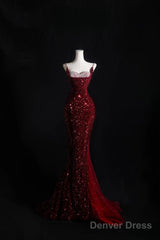 Pretty Mermaid Spaghetti Straps Sequin Beads Burgundy Long Prom Dresses Formal Evening Dress