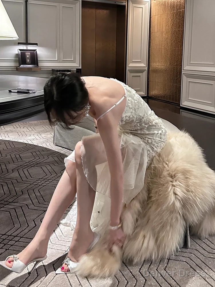 Pretty Mermaid Spaghetti Straps White Floral Prom Dresses Long Evening Gowns Main image