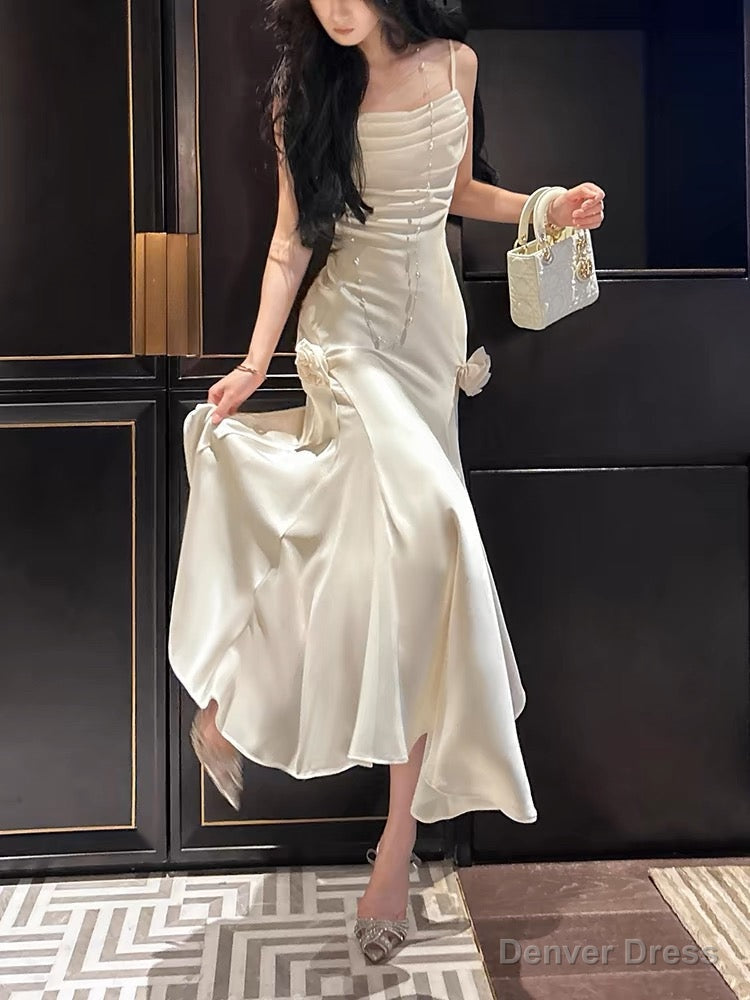 Pretty Mermaid Spaghetti Straps White Satin Prom Dresses Long Prom Gown
