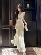 Pretty Mermaid Spaghetti Straps White Satin Prom Dresses Long Prom Gown