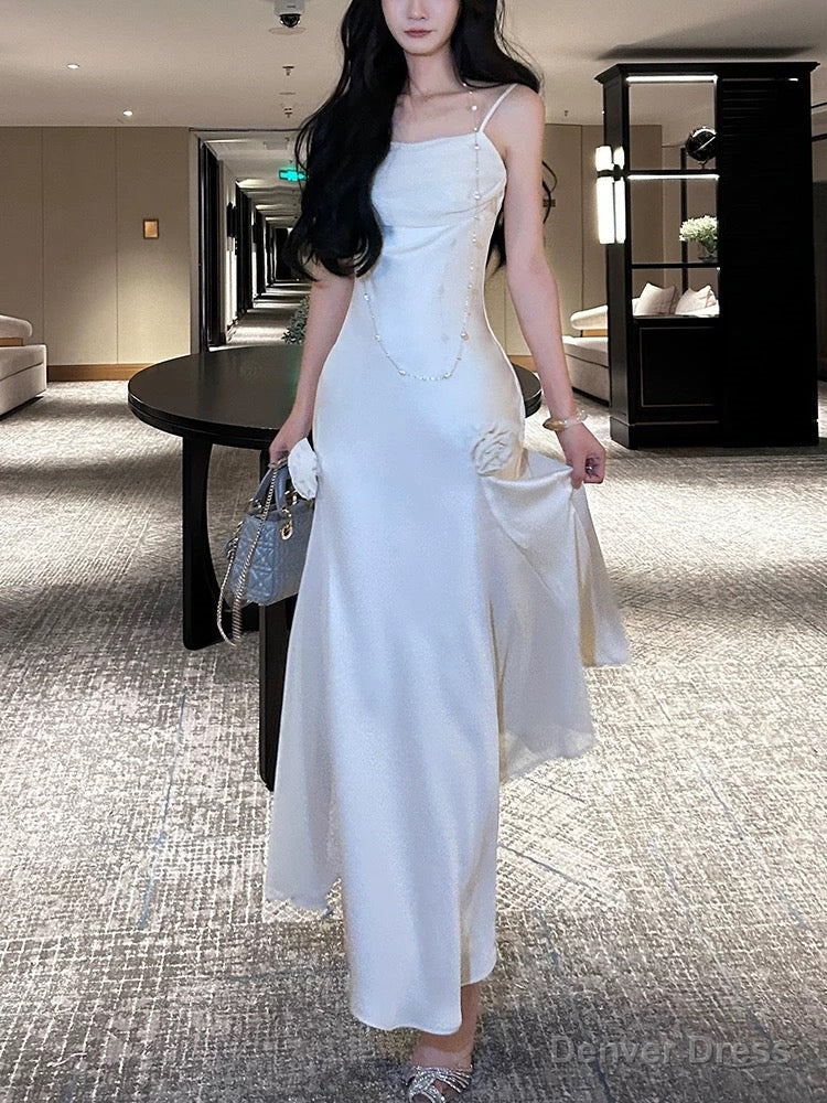 Pretty Mermaid Spaghetti Straps White Satin Prom Dresses Long Evening Gowns