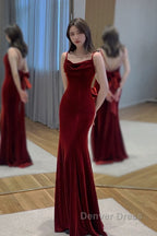 Pretty Mermaid Spaghetti Straps Wine Red Velvet Long Evening Dresses Prom Dresses