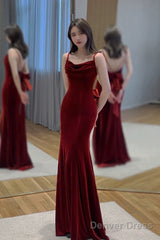 Pretty Mermaid Spaghetti Straps Wine Red Velvet Long Evening Dress Prom Dresses