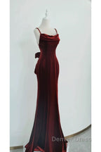 Pretty Mermaid Spaghetti Straps Wine Red Velvet Long Evening Dresses Prom Dresses