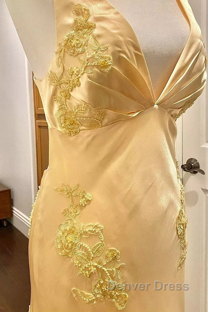 Pretty Mermaid Spaghetti Straps Yellow Backless Long Party Dresses Prom Dresses