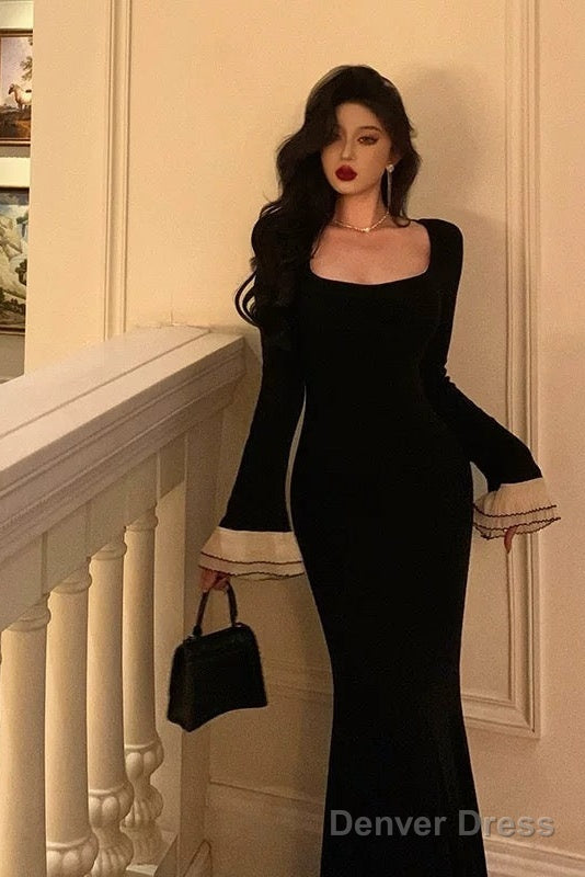 Pretty Mermaid Square Neckline Black Prom Dresses Birthday Outfits Evening Gown