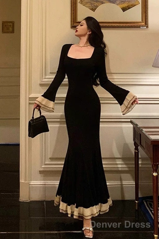 Pretty Mermaid Square Neckline Black Prom Dresses Birthday Outfits Prom Gowns