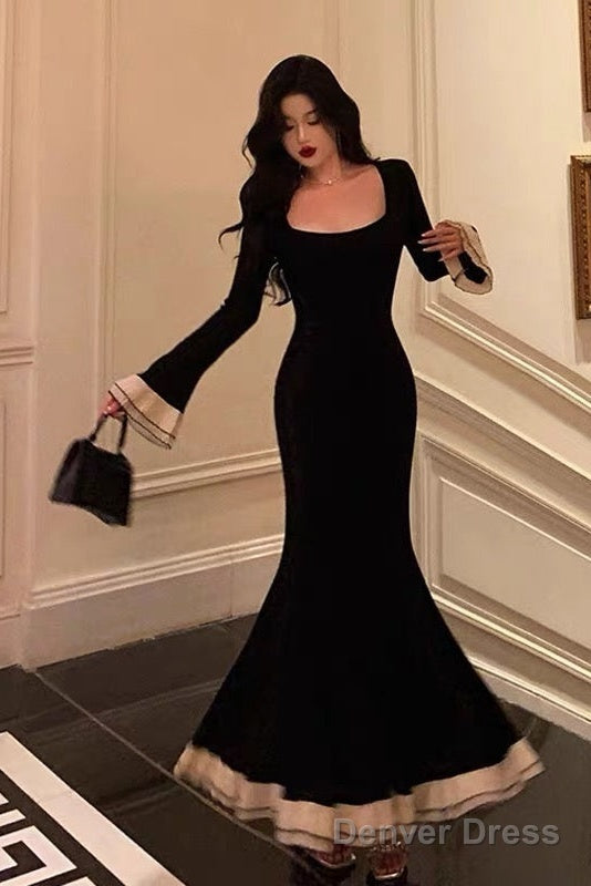Pretty Mermaid Square Neckline Black Prom Dresses Birthday Outfits Prom Gowns