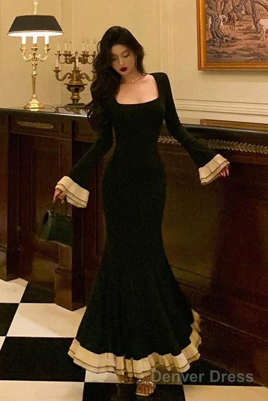 Pretty Mermaid Square Neckline Black Prom Dresses Birthday Outfits Evening Gowns