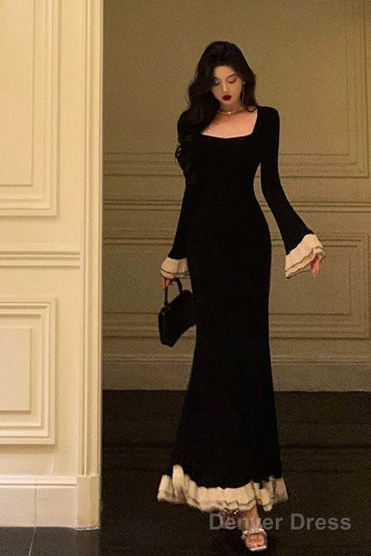 Pretty Mermaid Square Neckline Black Prom Dresses Birthday Outfits Prom Gown