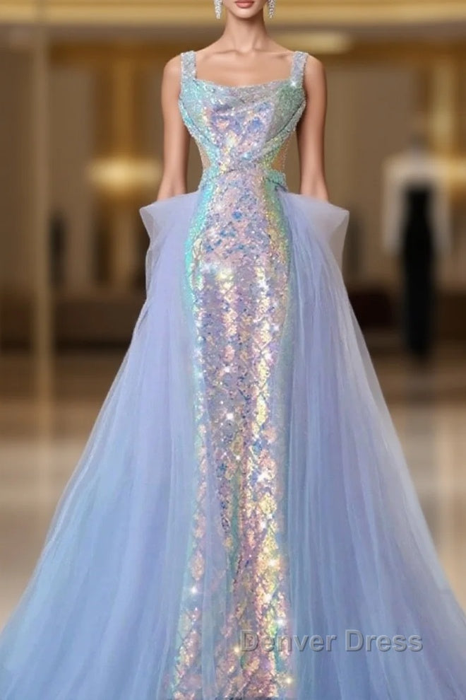 Pretty Mermaid Square Neckline Sequin Long Evening Dresses Prom Dresses Main image