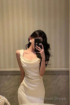 Pretty Mermaid Square Neckline White Date Night Dress Prom Dresses Birthday Prom Outfit