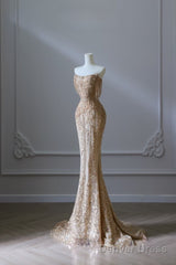 Pretty Mermaid Strapless Gold Sequin Beads Long Prom Dresses Formal Evening Dress
