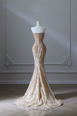 Pretty Mermaid Strapless Gold Sequin Beads Long Prom Dresses Formal Evening Dress